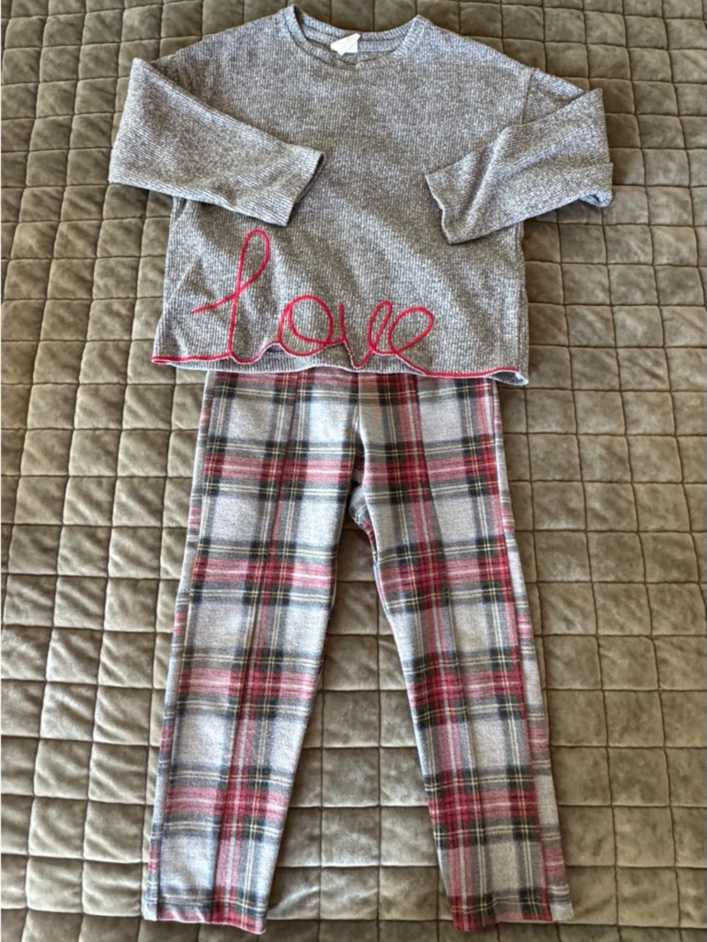 Zara Gray Knit 'Love' Top with Red & Gray Plaid pants